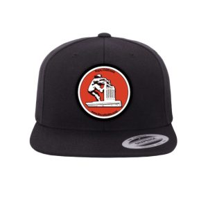 The Grape Crusher Snap Back is a black hat with a circular red and white patch showing a bear climbing the Grape Crusher tower and "Happy California" text on the front.